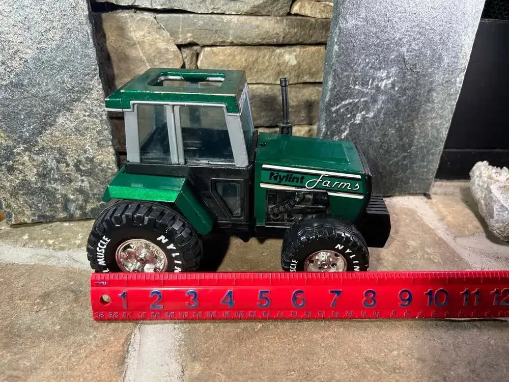 Vintage Nylint Farms green pressed steel and plastic tractor & wagon